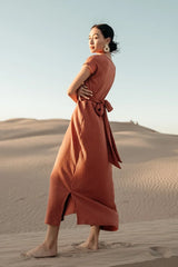 Vaeda Ribbed Tie Dress In Rust - Final Sale