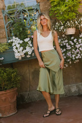 Lovinia Satin Midi Skirt in Olive - FINAL SALE
