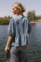 Natalia Peplum Tie Blouse In Light Wash - Final Sale