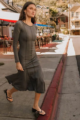 Fiona Ribbed Godet Dress in Charcoal