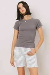 Kammie Ribbed Basic Tee in Slate Blue