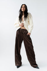 Gemma Satin Wide Leg Pants In Brown - Final Sale