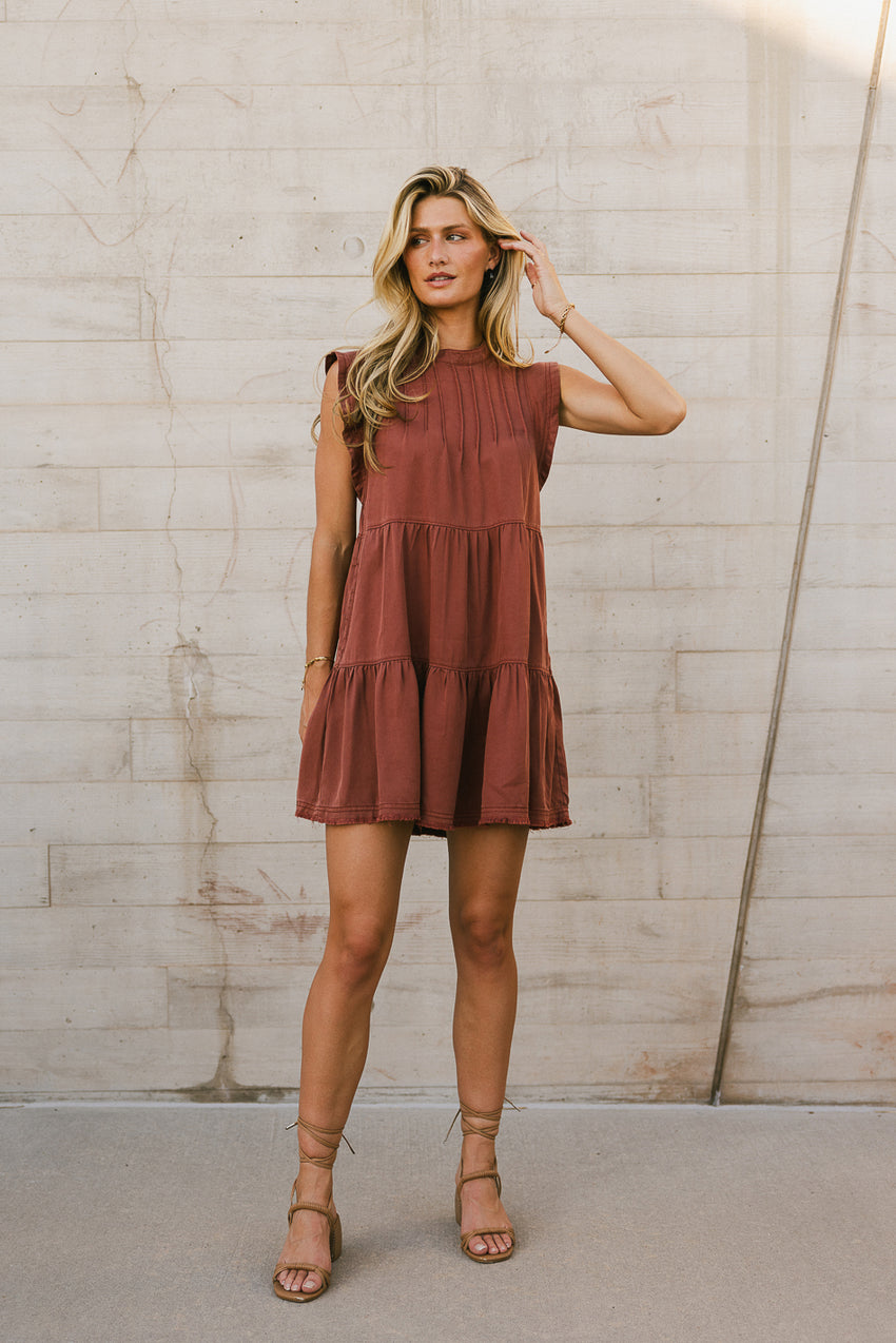 Regina Pleated Mini Dress In Brick - Final Sale
