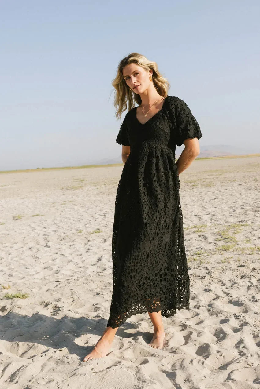 Devon Eyelet Lace Maxi Dress in Black