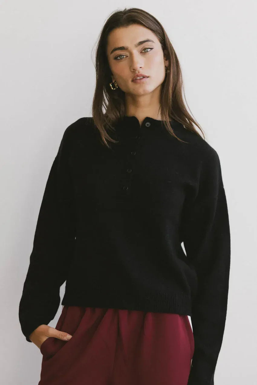 Meli Button Front Knit Sweater In Black - Final Sale