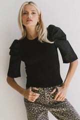 Andrea Mixed Media Top In Black - Final Sale