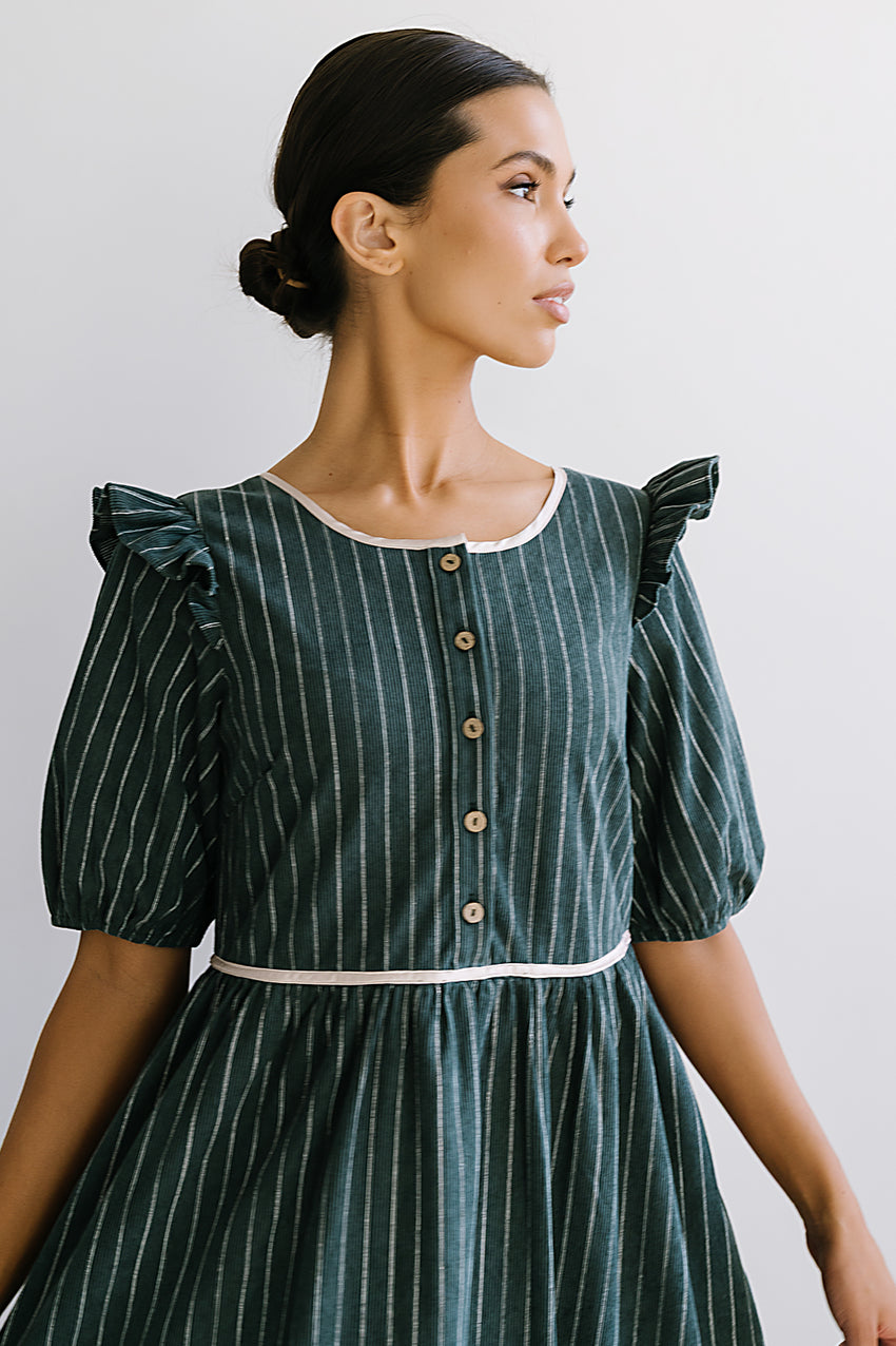 Berlin Corduroy Baby Doll Midi Dress In Green - Final Sale