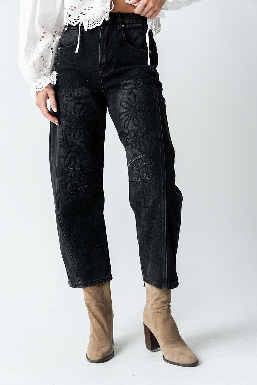 Kinsey Embroidered Barrel Jeans in Faded Black - FINAL SALE