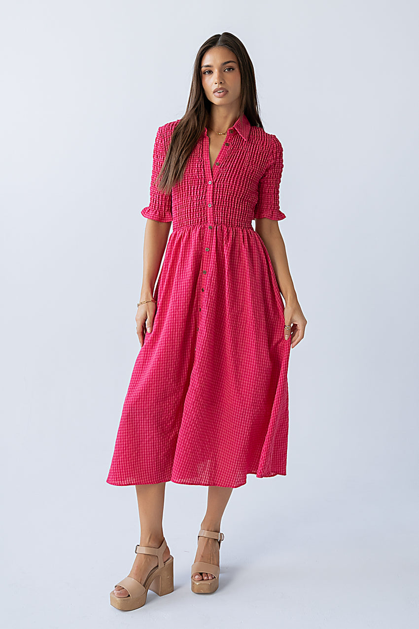 Jonas Gingham Midi Dress in Pink
